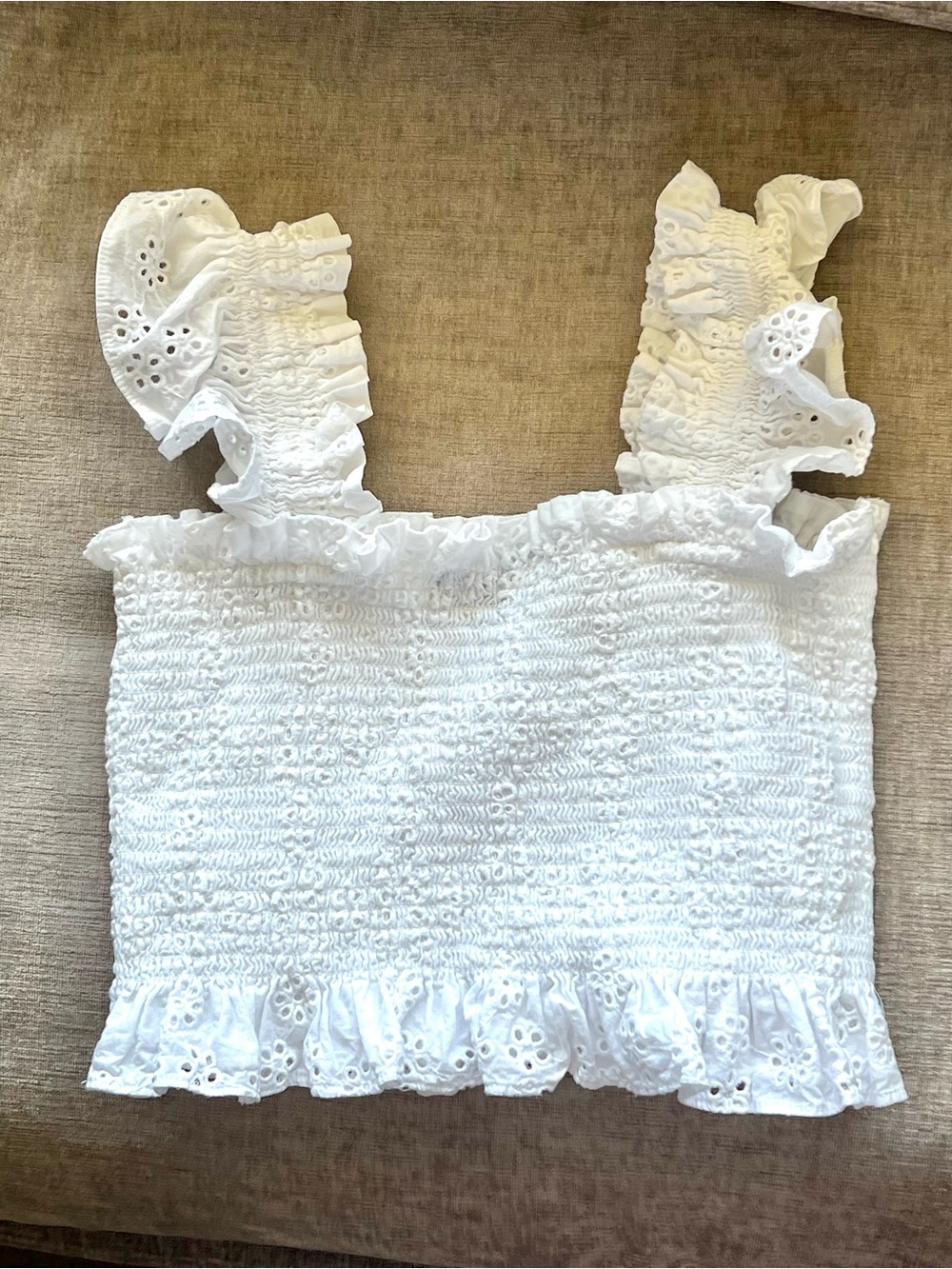 Hill House White Eyelet Smocked Ruffle Top Size S